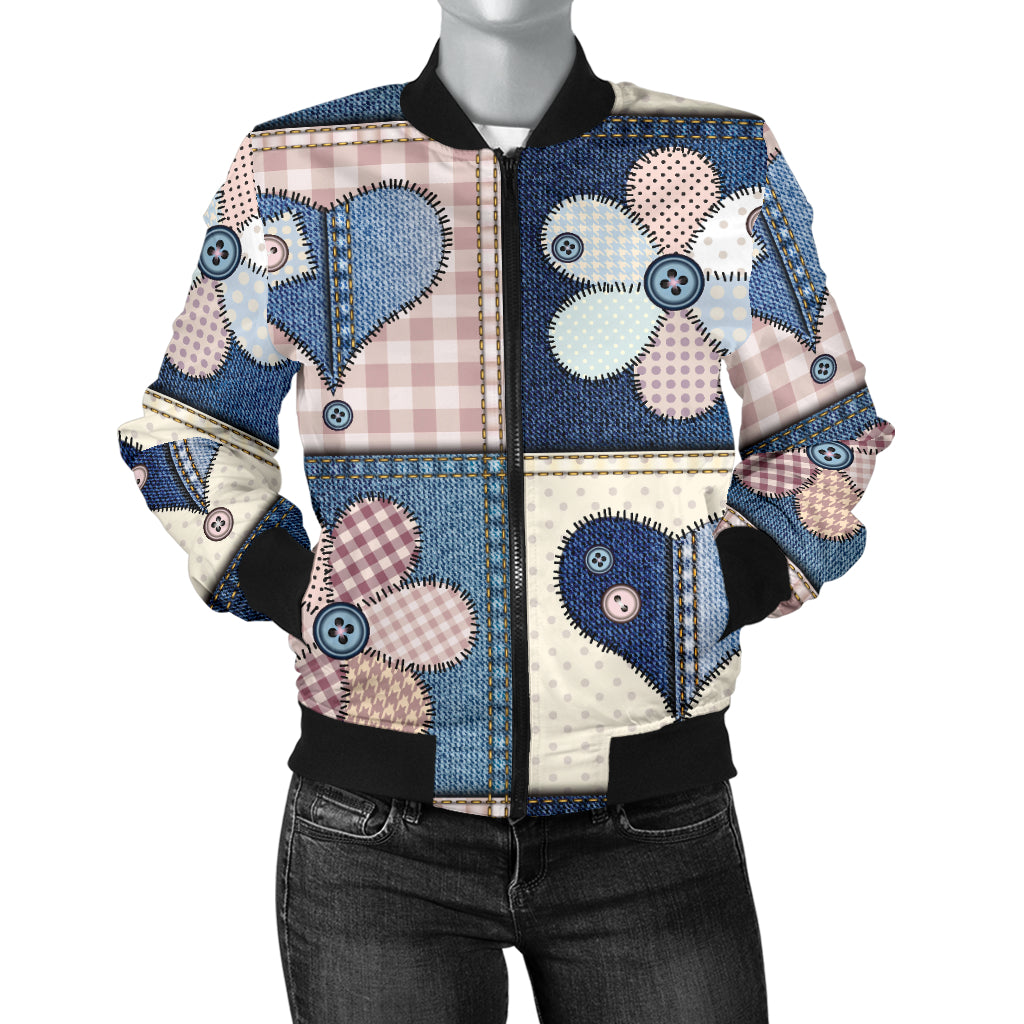 Patchwork Heart Flower Pattern Print Design 01 Women's Bomber Jacket