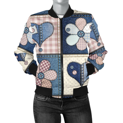 Patchwork Heart Flower Pattern Print Design 01 Women's Bomber Jacket