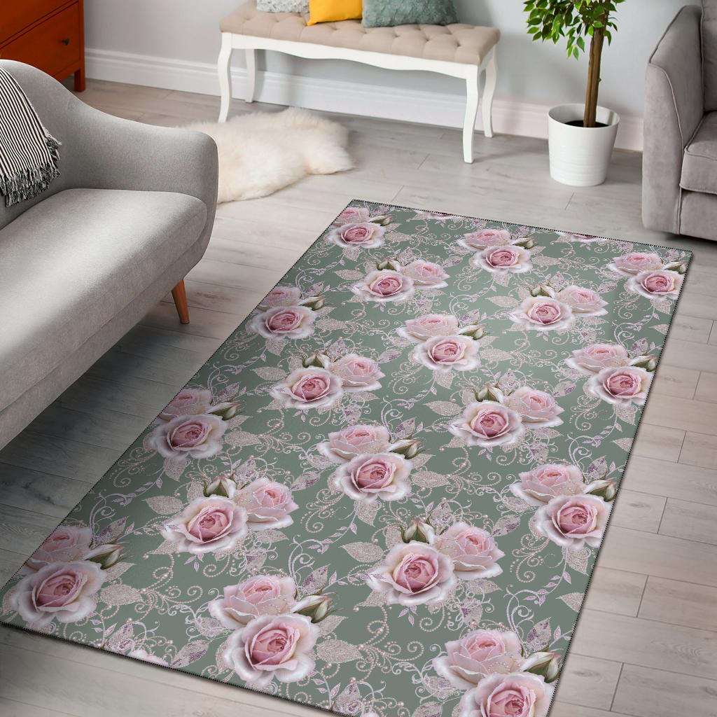 Rose White Pattern Print Design RO012 Area Rugs