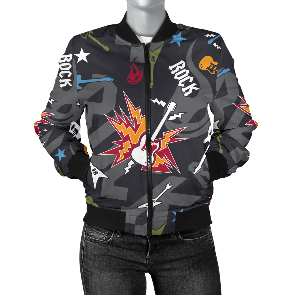 Rock and Roll Pattern Print Design A01 Women's Bomber Jacket
