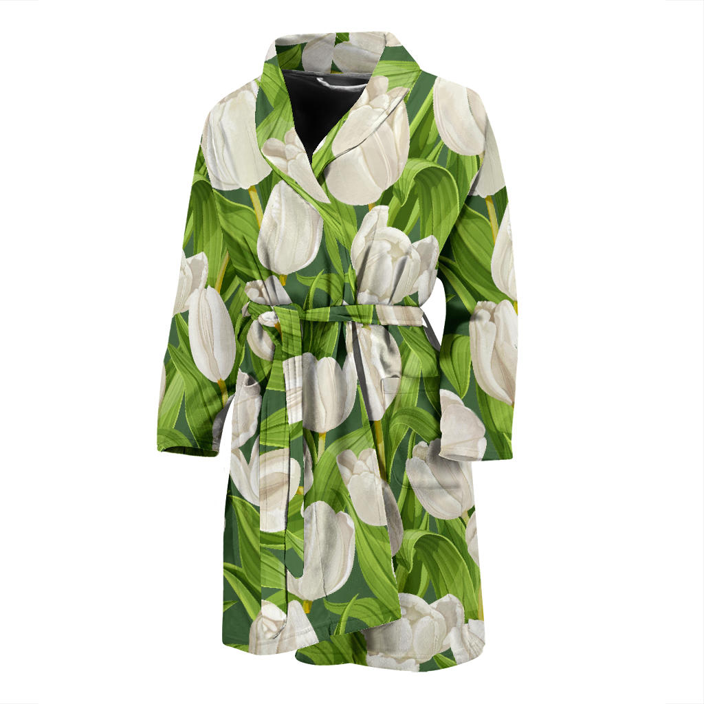 Tulip White Pattern Print Design TP05 Men Bathrobe