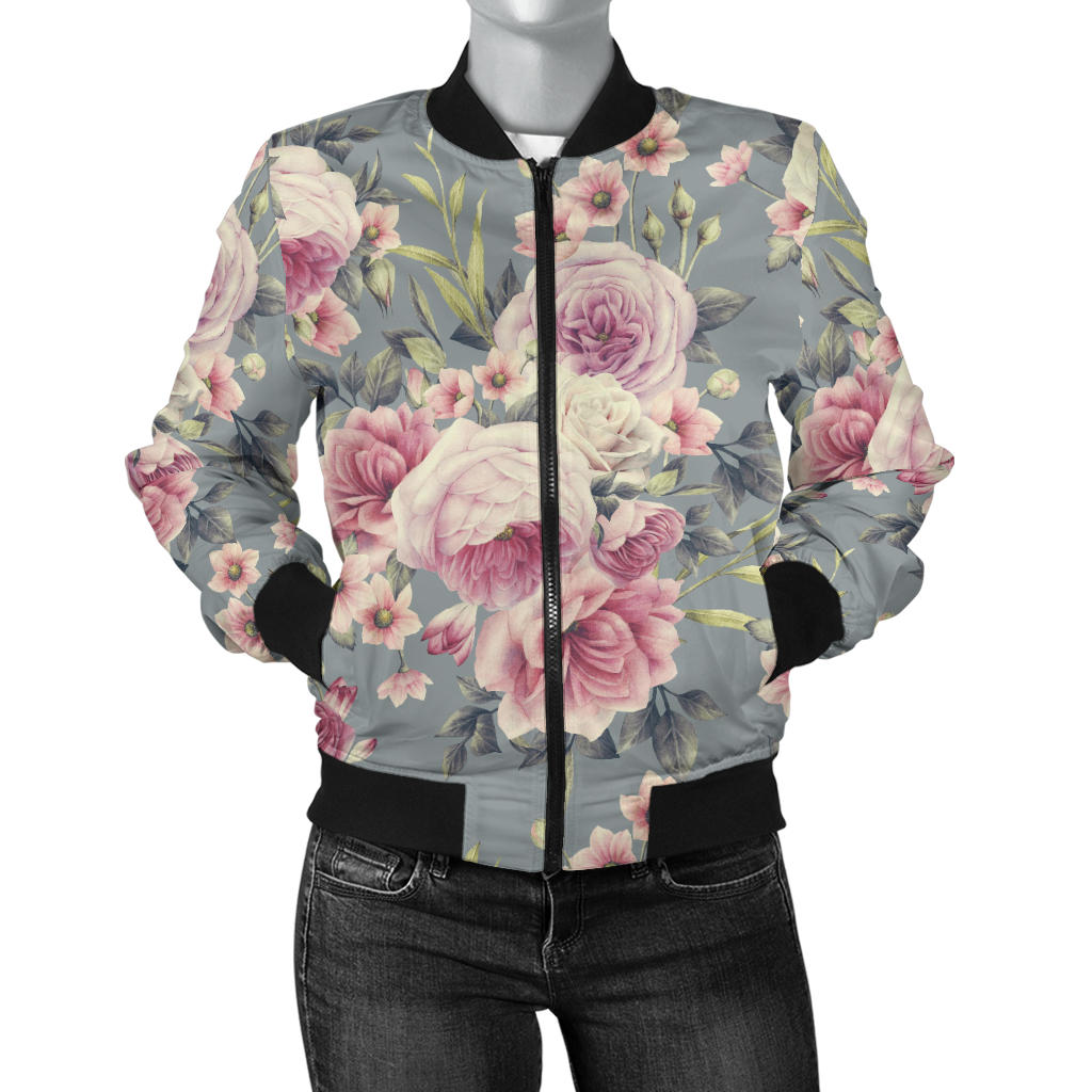 Peony Pattern Print Design PE05 Women Bomber Jacket