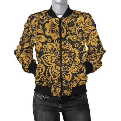 Brocade Gold Pattern Print Design 01 Women's Bomber Jacket