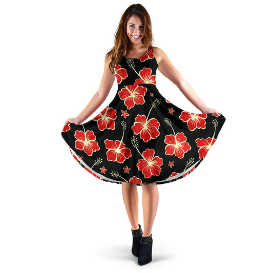 Red Hibiscus Pattern Print Design HB021 Midi Dress