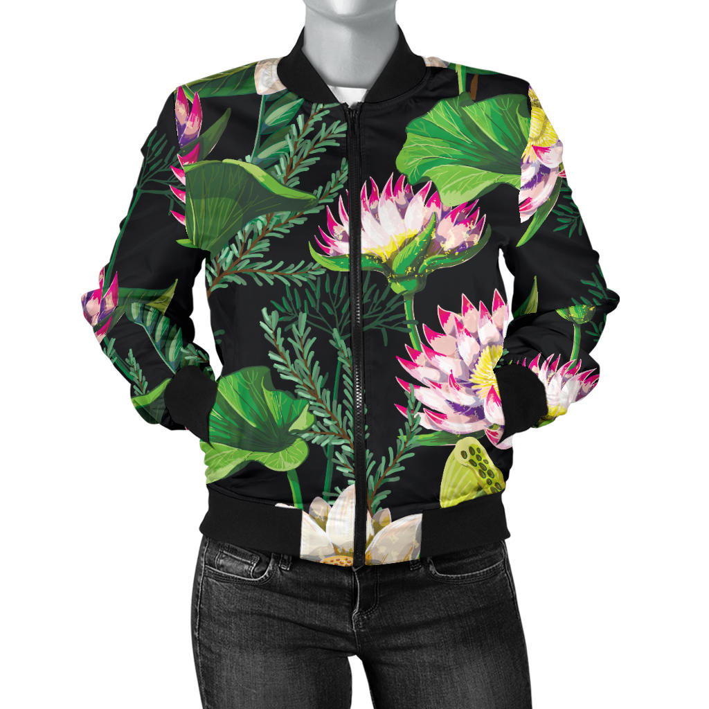Water Lily Pattern Print Design WL010 Women Bomber Jacket