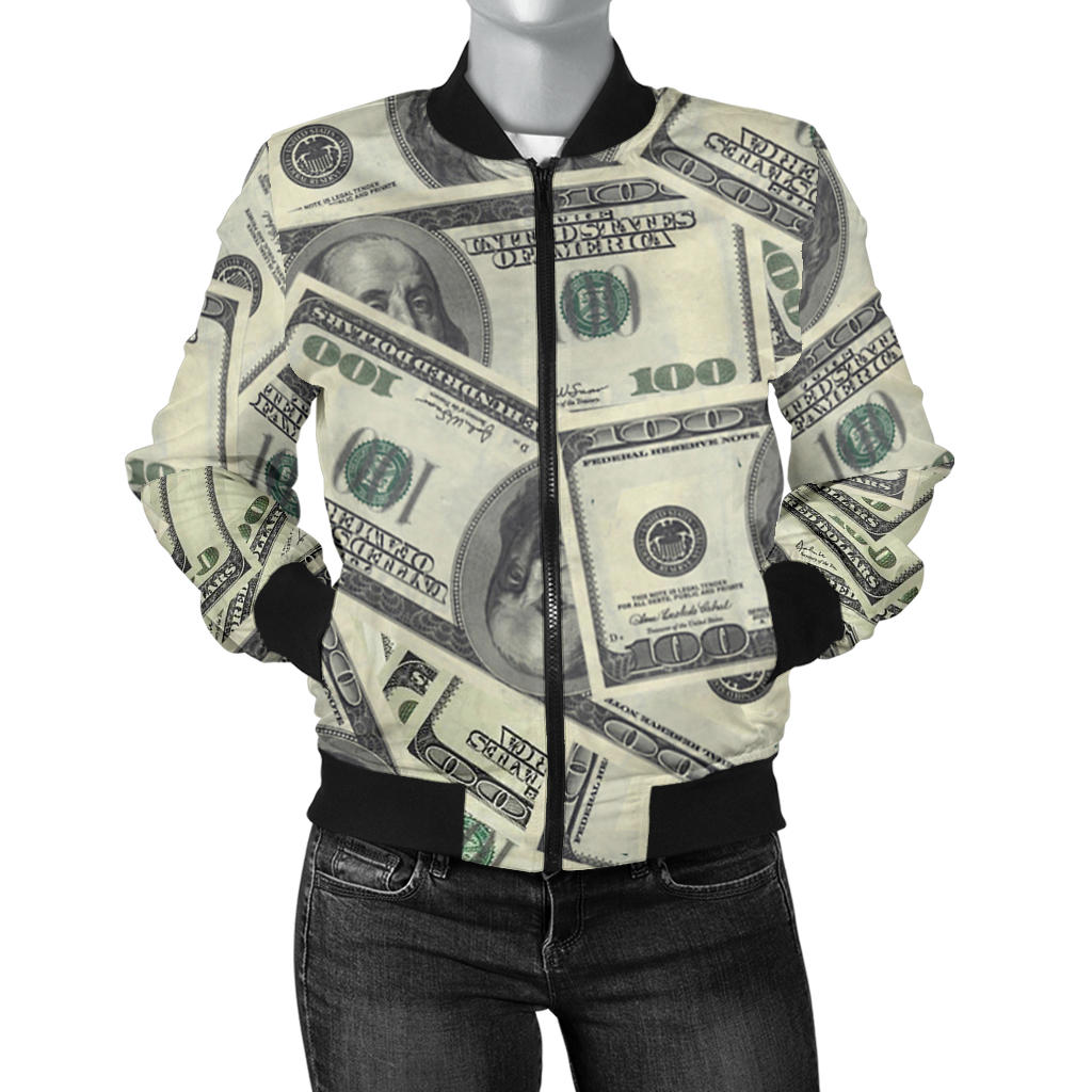 Dollar Pattern Print Design DO02 Women Bomber Jacket
