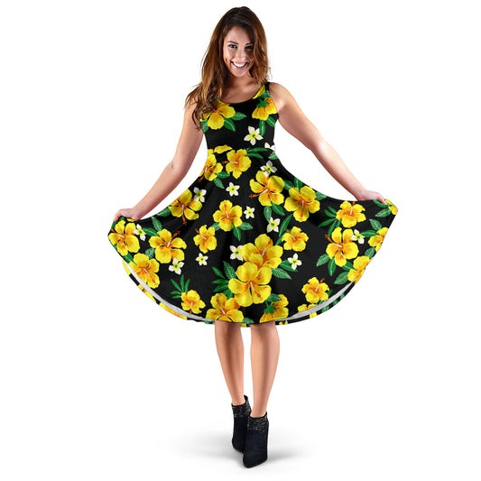 Yellow Hibiscus Pattern Print Design HB08 Midi Dress