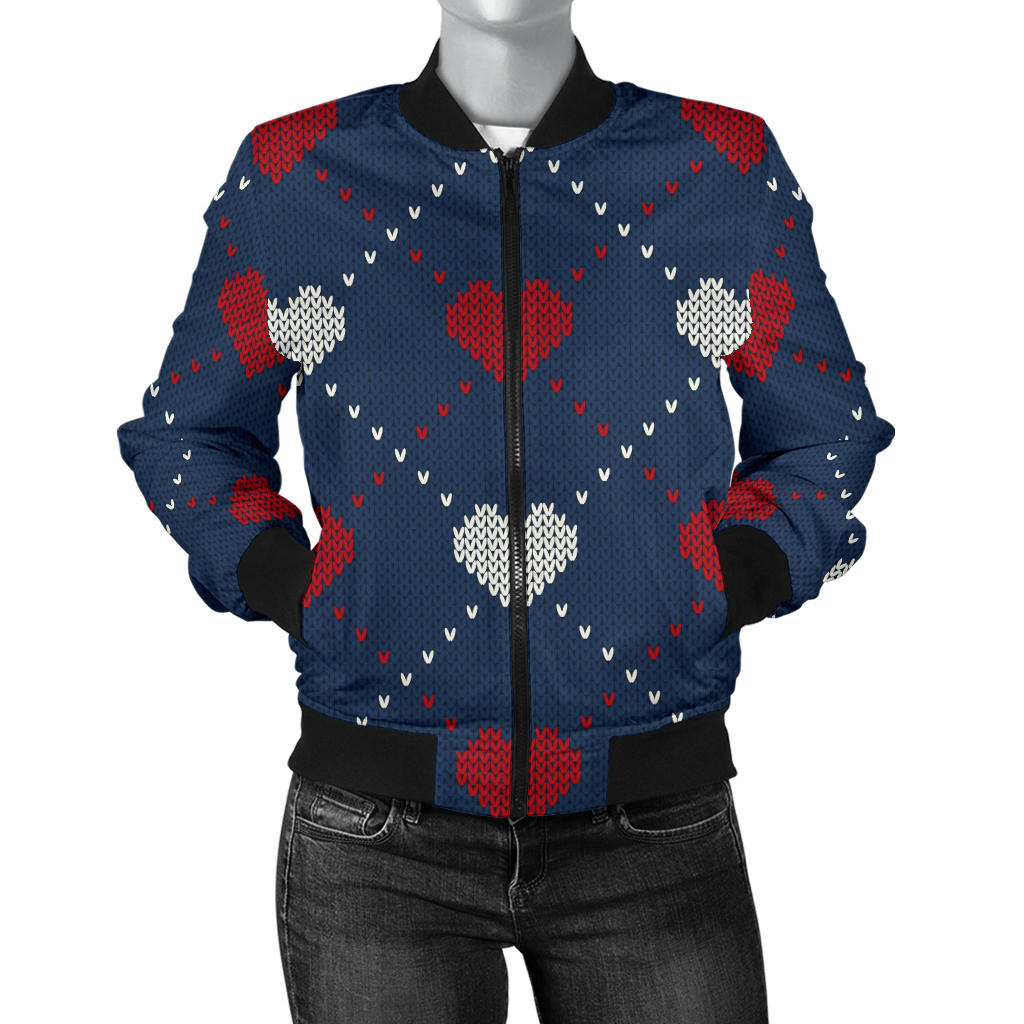 Heart Knit Pattern Print Design HE05 Women Bomber Jacket