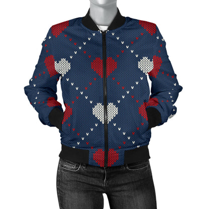 Heart Knit Pattern Print Design HE05 Women Bomber Jacket