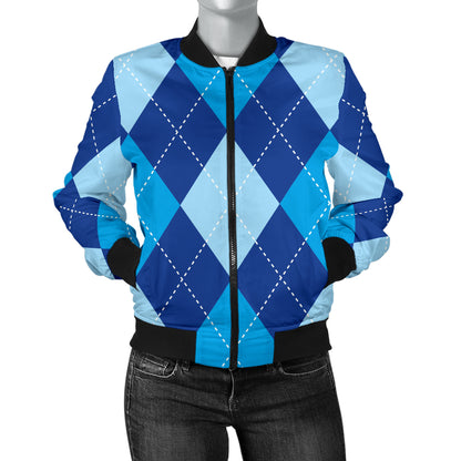 Argyle Blue Pattern Print Design 02 Women's Bomber Jacket
