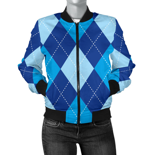 Argyle Blue Pattern Print Design 02 Women's Bomber Jacket