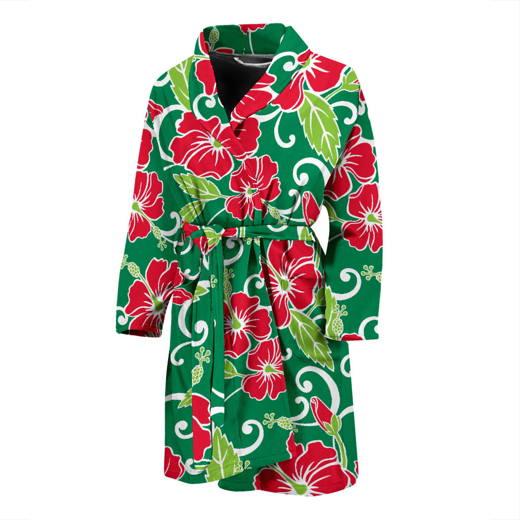 Red Hibiscus Pattern Print Design HB019 Men Bathrobe