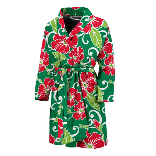 Red Hibiscus Pattern Print Design HB019 Men Bathrobe
