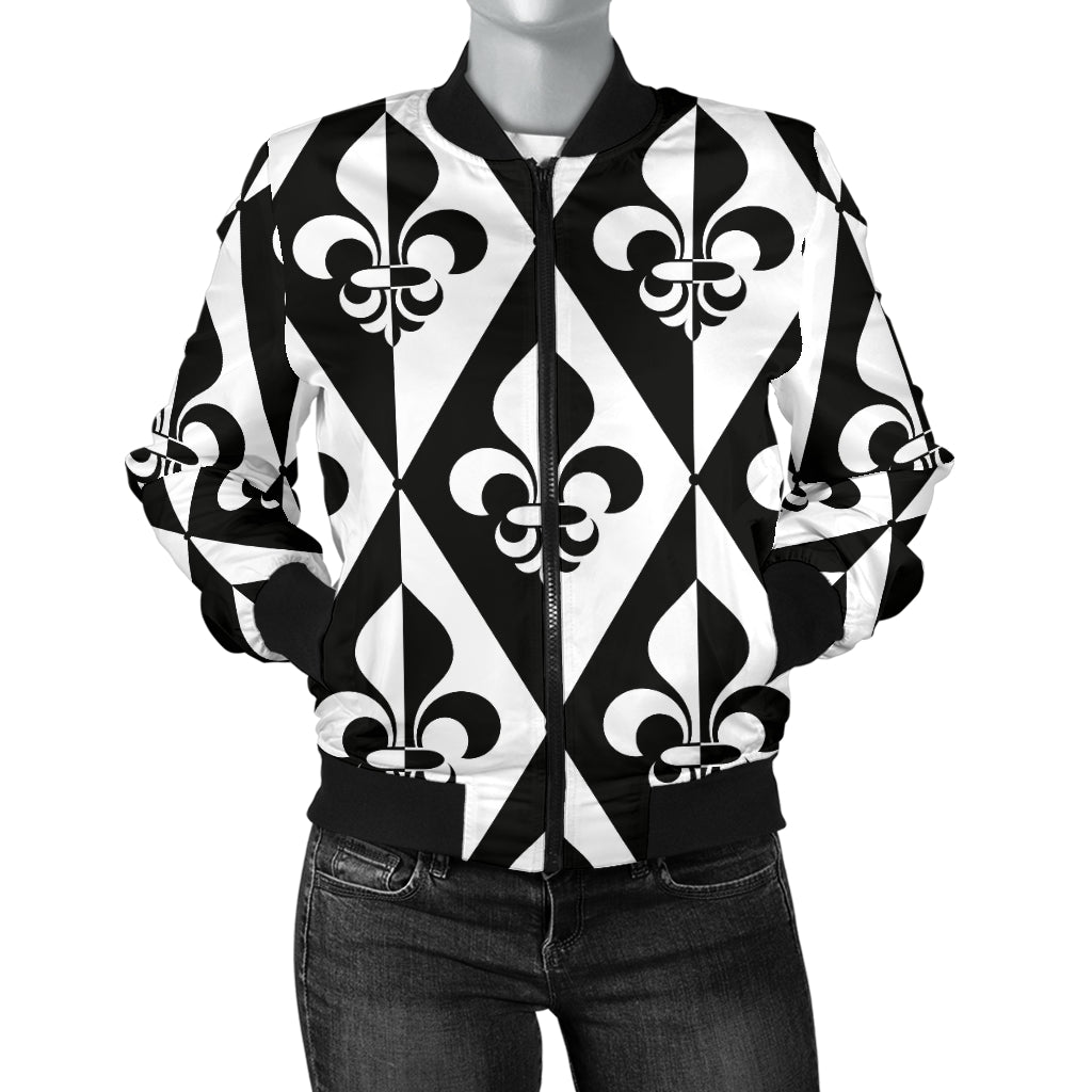 Fleur De Lis Black White Pattern Print Design 02 Women's Bomber Jacket