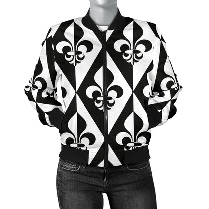Fleur De Lis Black White Pattern Print Design 02 Women's Bomber Jacket