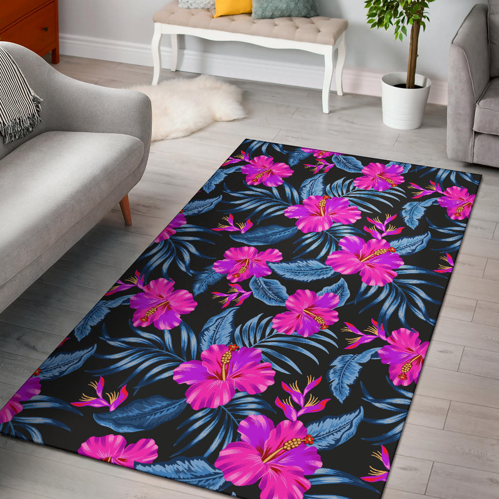 Neon Pink Hibiscus Pattern Print Design HB015 Area Rugs