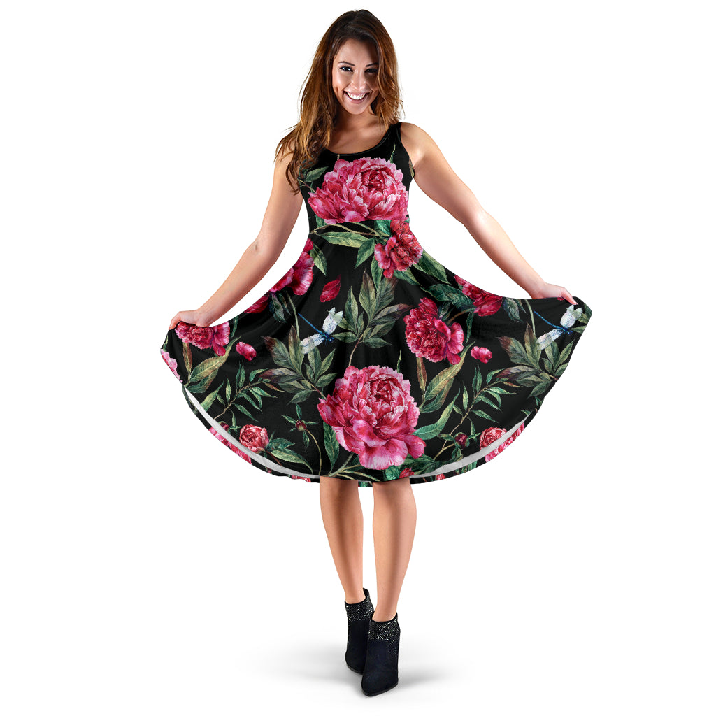 Peony Pattern Print Design PE04 Midi Dress