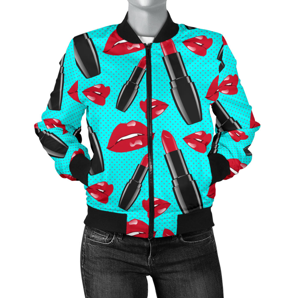 Lipstick Pattern Print Design LT02 Women Bomber Jacket