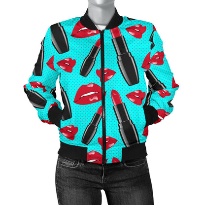 Lipstick Pattern Print Design LT02 Women Bomber Jacket