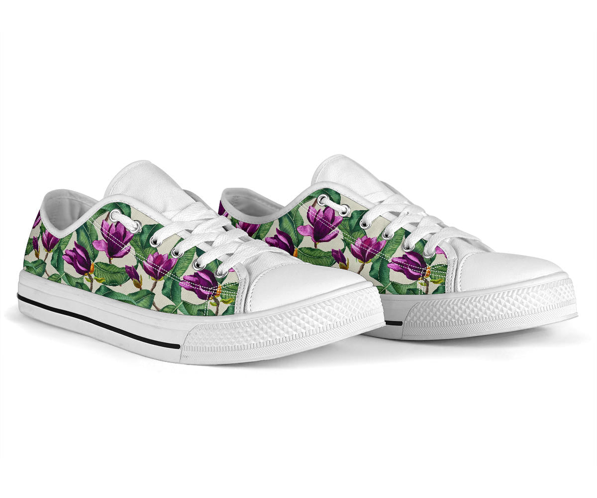 Magnolia Pattern Print Design MAG07 White Bottom Low Top Shoes