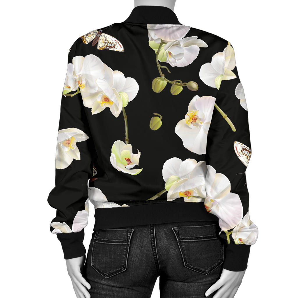 Orchid White Pattern Print Design OR011 Women Bomber Jacket