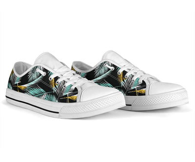 Gold Glitter Cyan Tropical Palm Leaves White Bottom Low Top Shoes