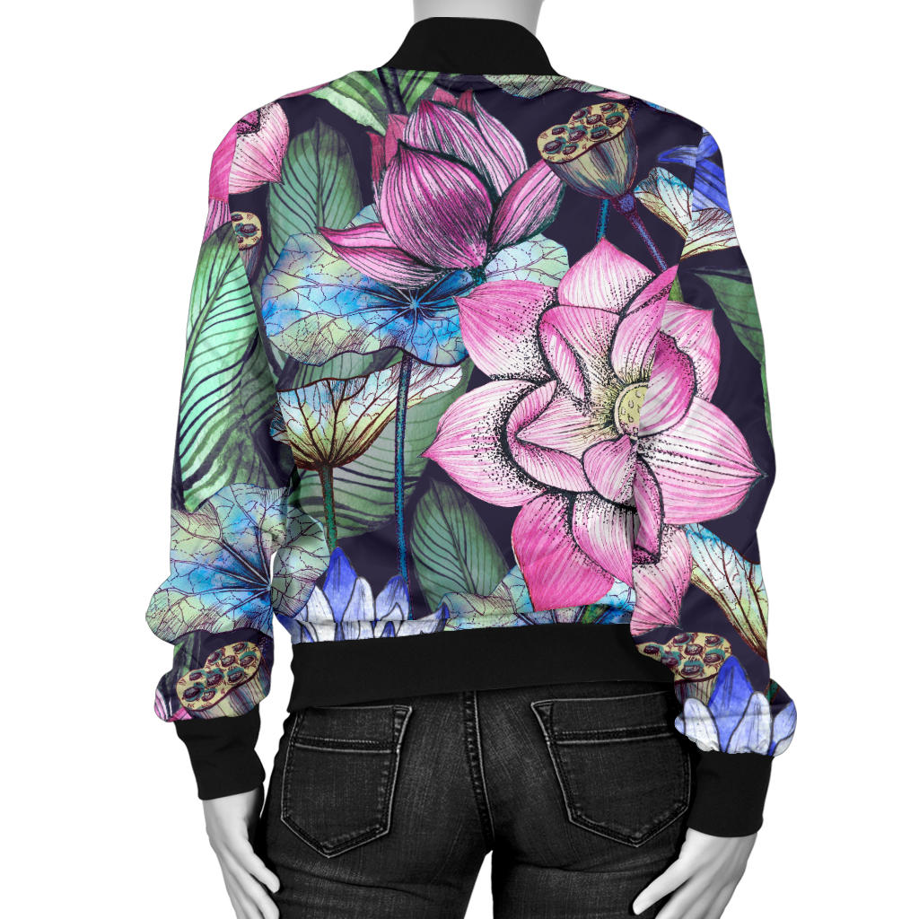 Water Lily Pattern Print Design WL07 Women Bomber Jacket