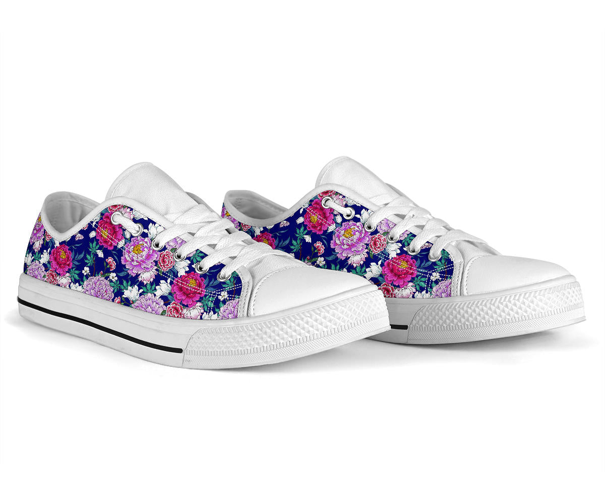 Dahlia Pattern Print Design DH013 White Bottom Low Top Shoes