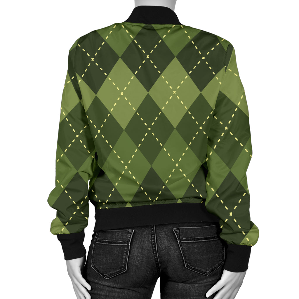 Argyle Green Pattern Print Design 01 Women's Bomber Jacket