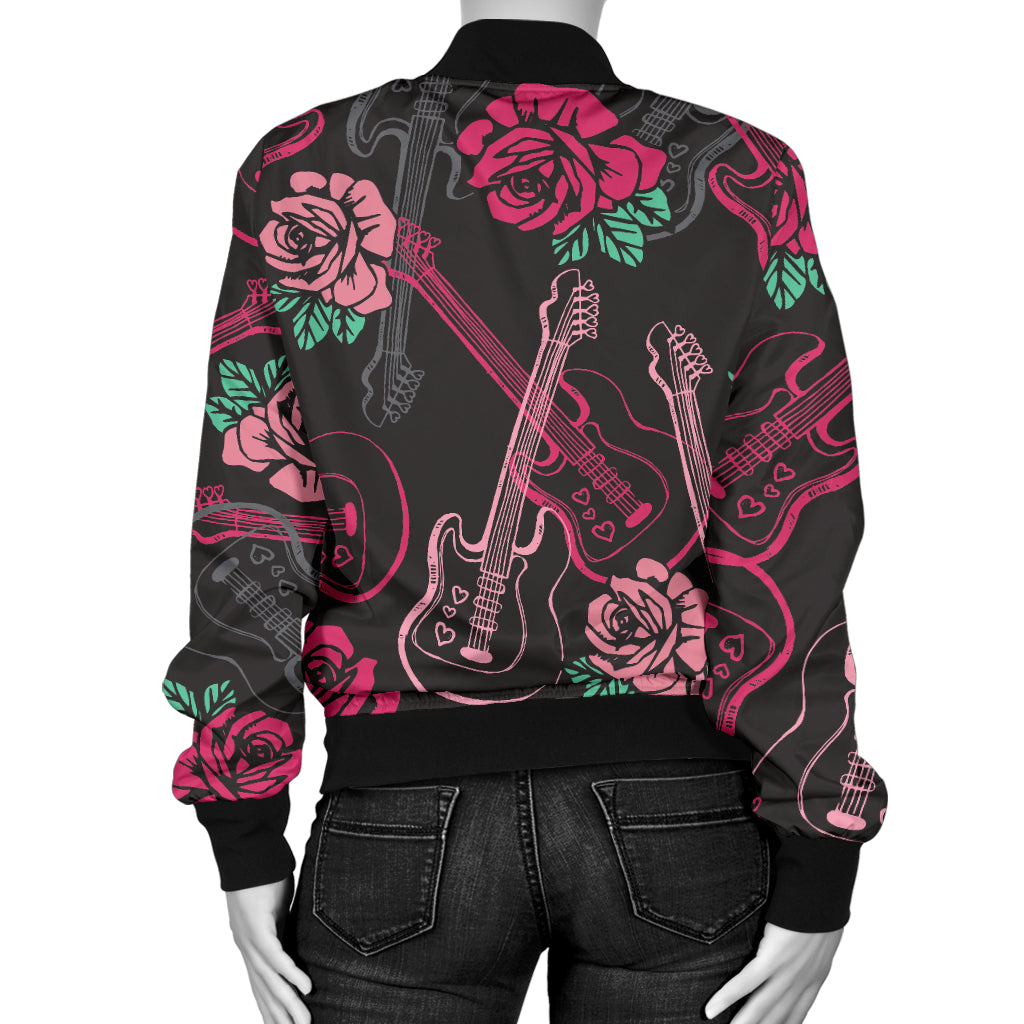 Bass Guitar Pink Rose Pattern Print Design 01 Women's Bomber Jacket