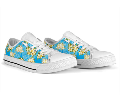 Yellow Plumeria Design Print Pattern White Bottom Low Top Shoes