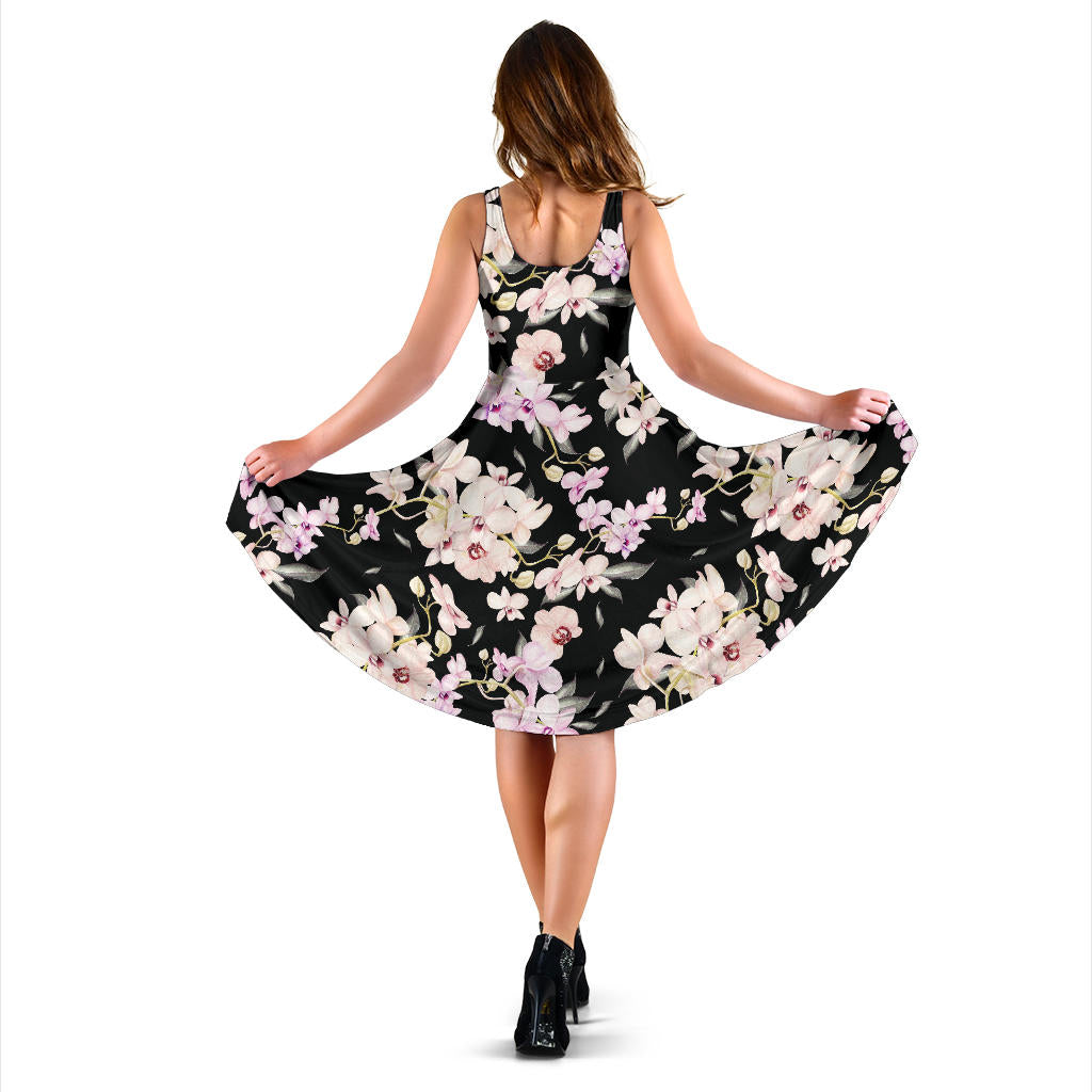 Orchid White Pattern Print Design OR03 Midi Dress