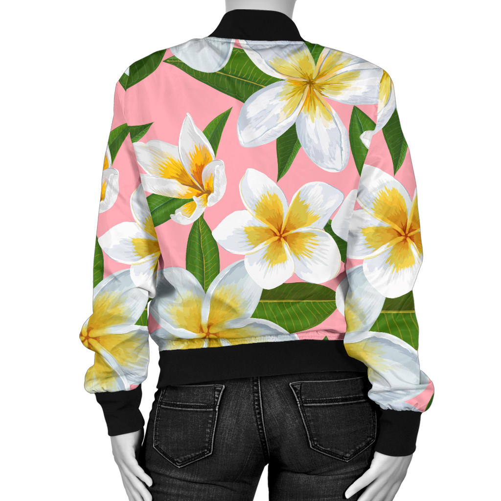 White Plumeria Pattern Print Design PM011 Women Bomber Jacket