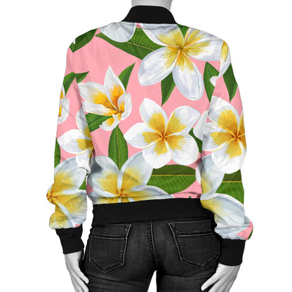 White Plumeria Pattern Print Design PM011 Women Bomber Jacket