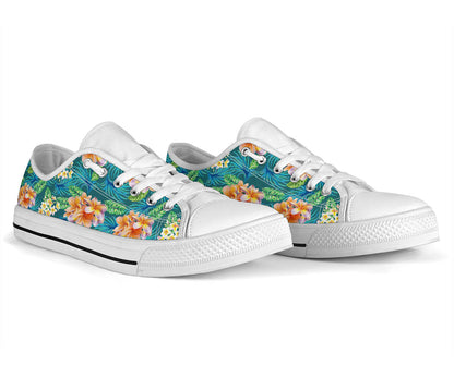 Plumeria Tropical Flower Design Print White Bottom Low Top Shoes
