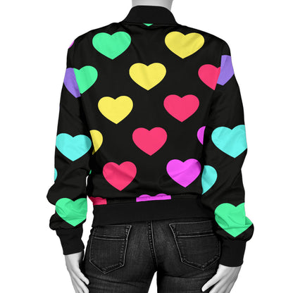 Heart Rainbow Pattern Print Design HE02 Women Bomber Jacket