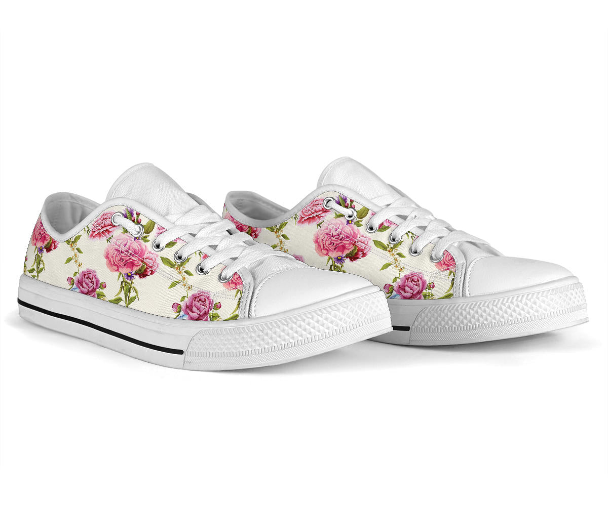 Carnations Pattern Print Design CN02 White Bottom Low Top Shoes