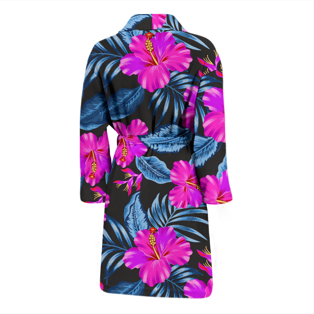 Neon Pink Hibiscus Pattern Print Design HB015 Men Bathrobe
