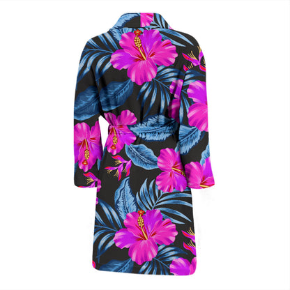Neon Pink Hibiscus Pattern Print Design HB015 Men Bathrobe