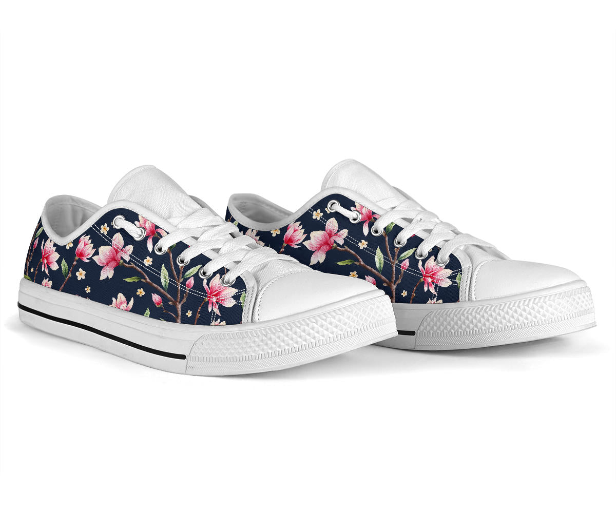 Magnolia Pattern Print Design MAG09 White Bottom Low Top Shoes
