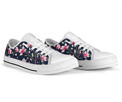 Magnolia Pattern Print Design MAG09 White Bottom Low Top Shoes