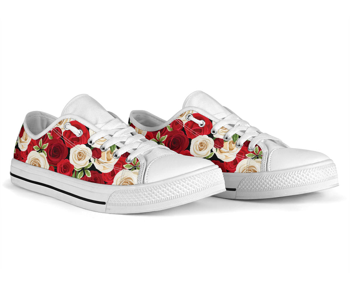 Rose Pattern Print Design RO06 White Bottom Low Top Shoes