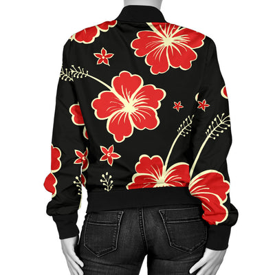 Red Hibiscus Pattern Print Design HB021 Women Bomber Jacket