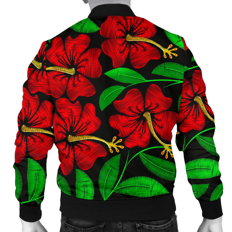 Red Hibiscus Embroidered Pattern Print Design HB032 Men Bomber Jacket