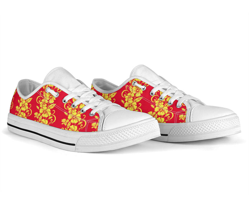 Orange Hibiscus Pattern Print Design HB018 White Bottom Low Top Shoes