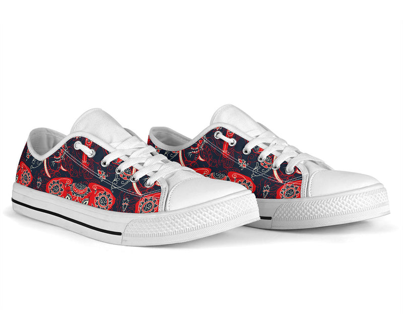 Red Indian Elephant Pattern White Bottom Low Top Shoes