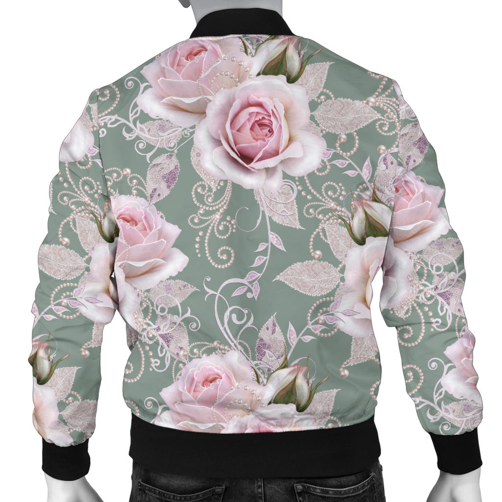 Rose White Pattern Print Design RO012 Men Bomber Jacket
