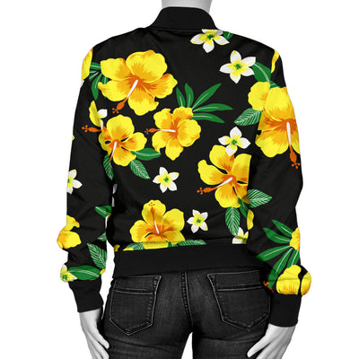 Yellow Hibiscus Pattern Print Design HB08 Women Bomber Jacket