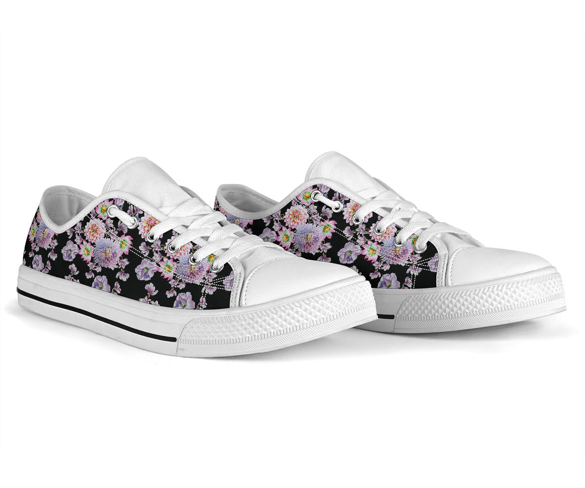Dahlia Pattern Print Design DH012 White Bottom Low Top Shoes