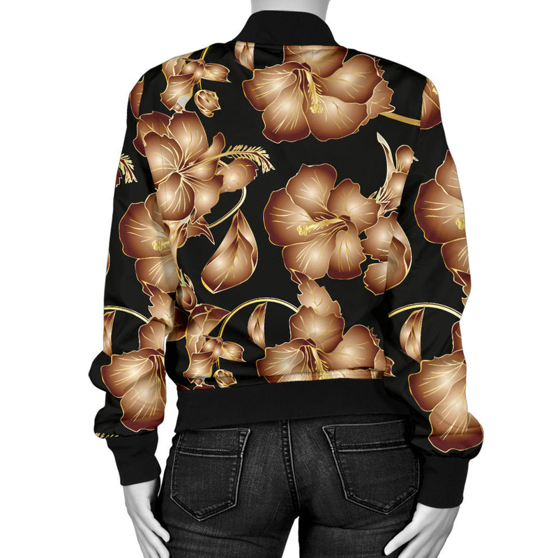 Brown Hibiscus Pattern Print Design HB06 Women Bomber Jacket